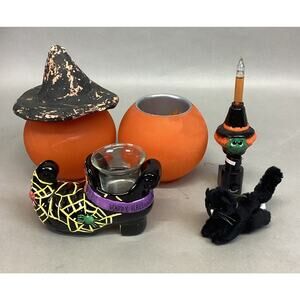 Lot Of 6 - 2 Orange Glass Candle Holders, Shoe Candle Holder, Plush Cat, Witch